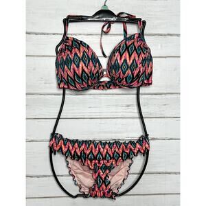 Shade & Shore Bikini 38DD Large Ikat Print Push Up Halter Top Ruffle Bottoms